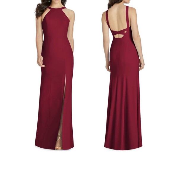 DESSY COLLECTION Cutaway Shoulder Crepe Column Gown Halter Criss Cross Back 14 - Picture 1 of 9